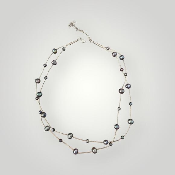 VTG Sterling 925 Double Strand Necklace with Iridescent Black Baroque Pearls - Picture 1 of 8